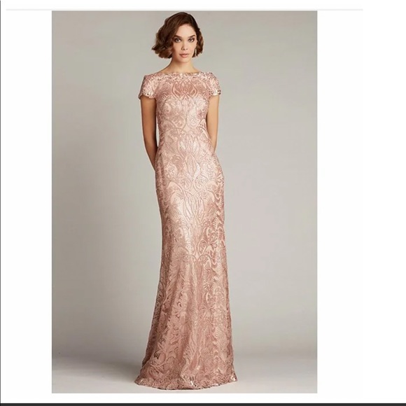 NWT Tadashi Shoji Sequin Floral Lace Off-the-Shoulder Cap Sleeve A-Line Gown - Picture 6 of 16